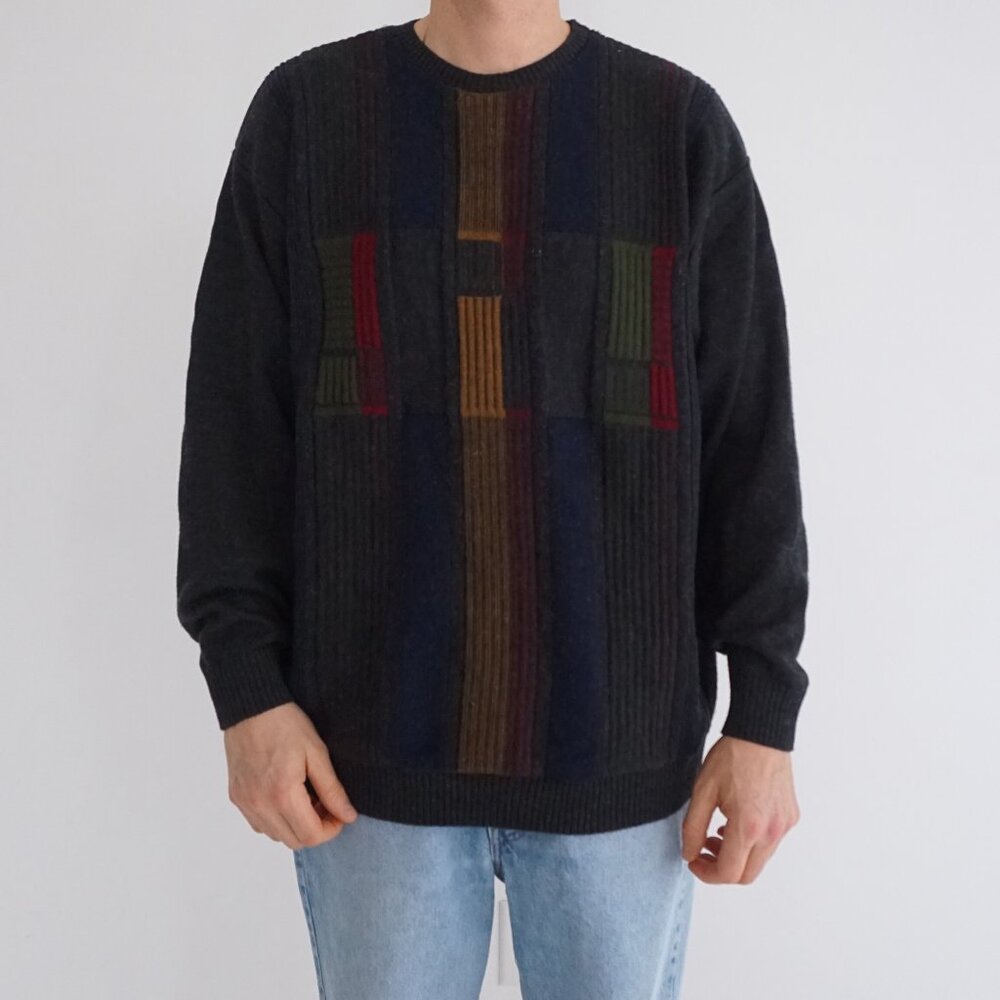 Vintage Tosani Grey Colourblock Textured Knit Panel Pattern Biggie Sweater XL